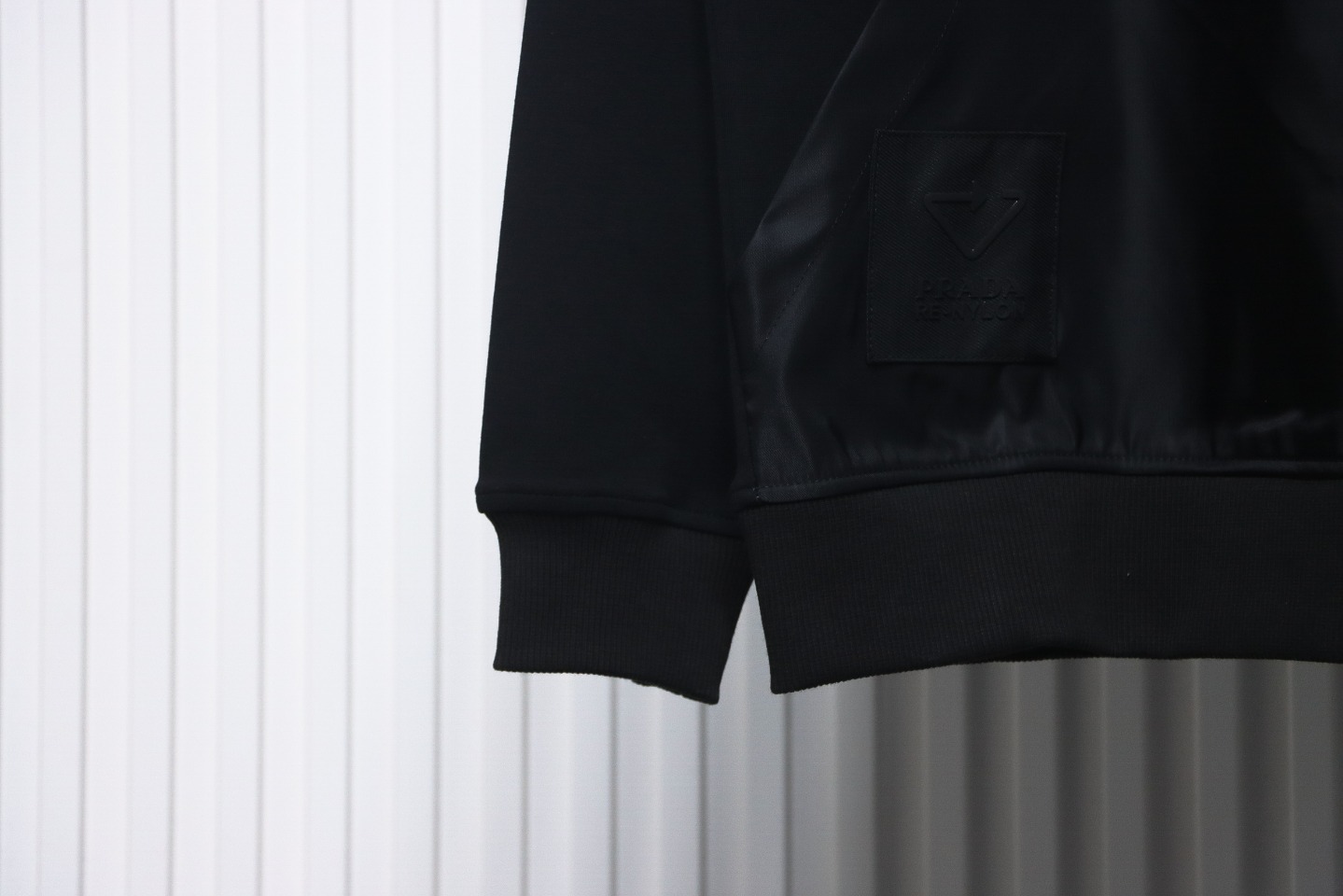 Prada Paneled Zip-Up Crew Neck Hoodie Black