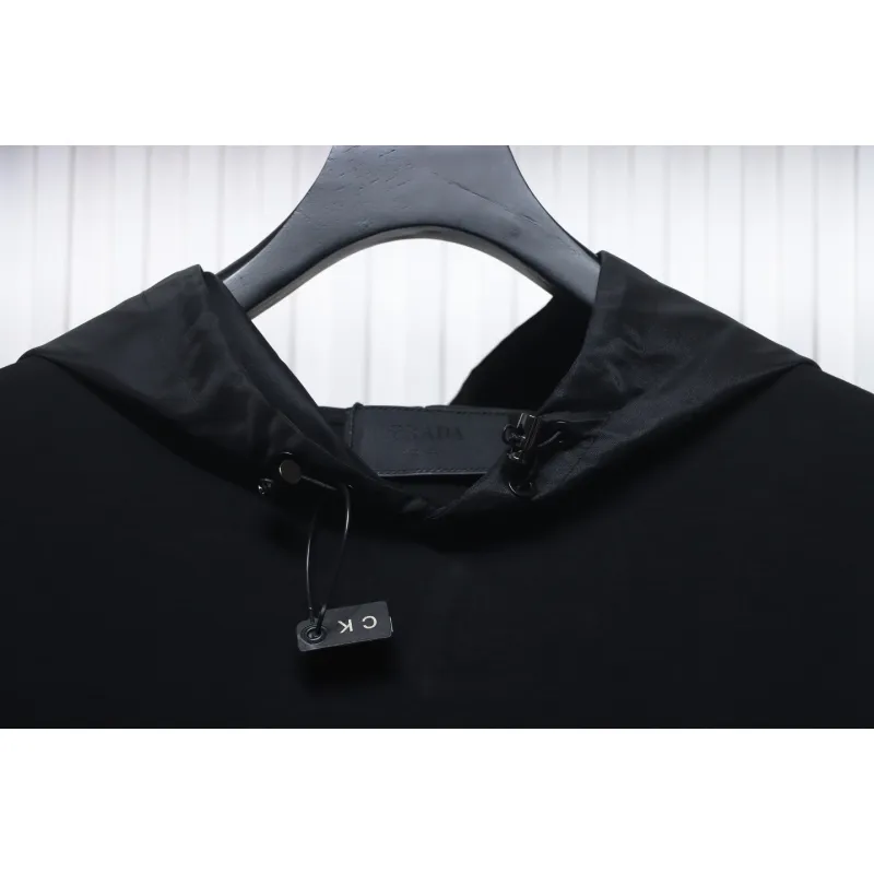Prada Paneled Zip-Up Crew Neck Hoodie Black
