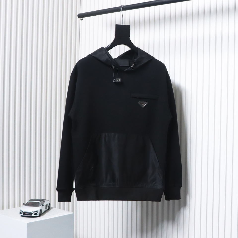 Prada Paneled Zip-Up Crew Neck Hoodie Black