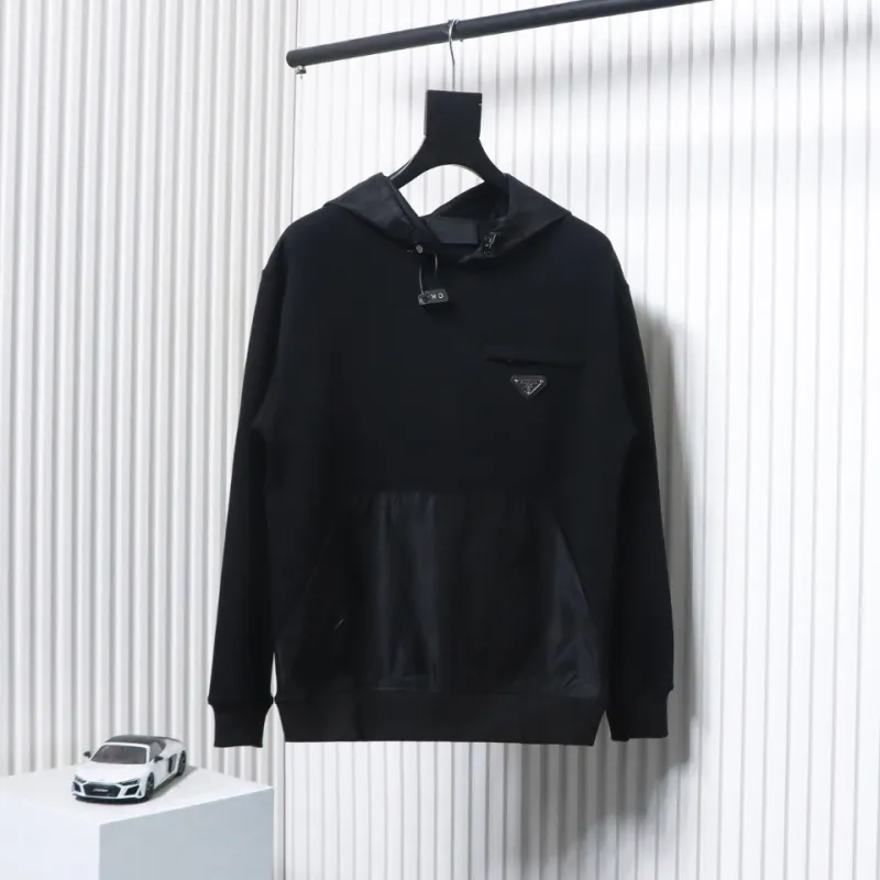 Prada Paneled Zip-Up Crew Neck Hoodie Black