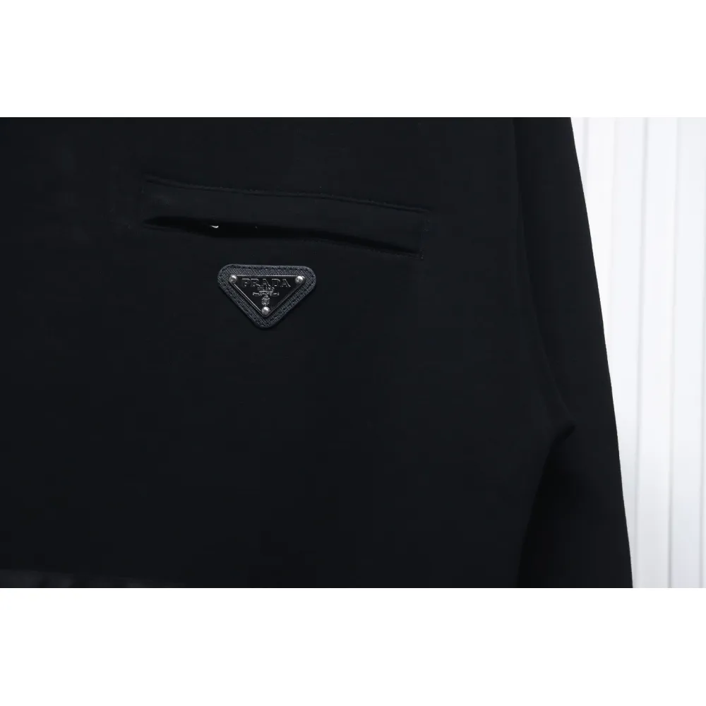 Prada Paneled Zip-Up Crew Neck Hoodie Black