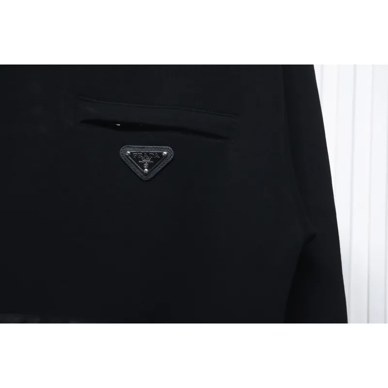 Prada Paneled Zip-Up Crew Neck Hoodie Black