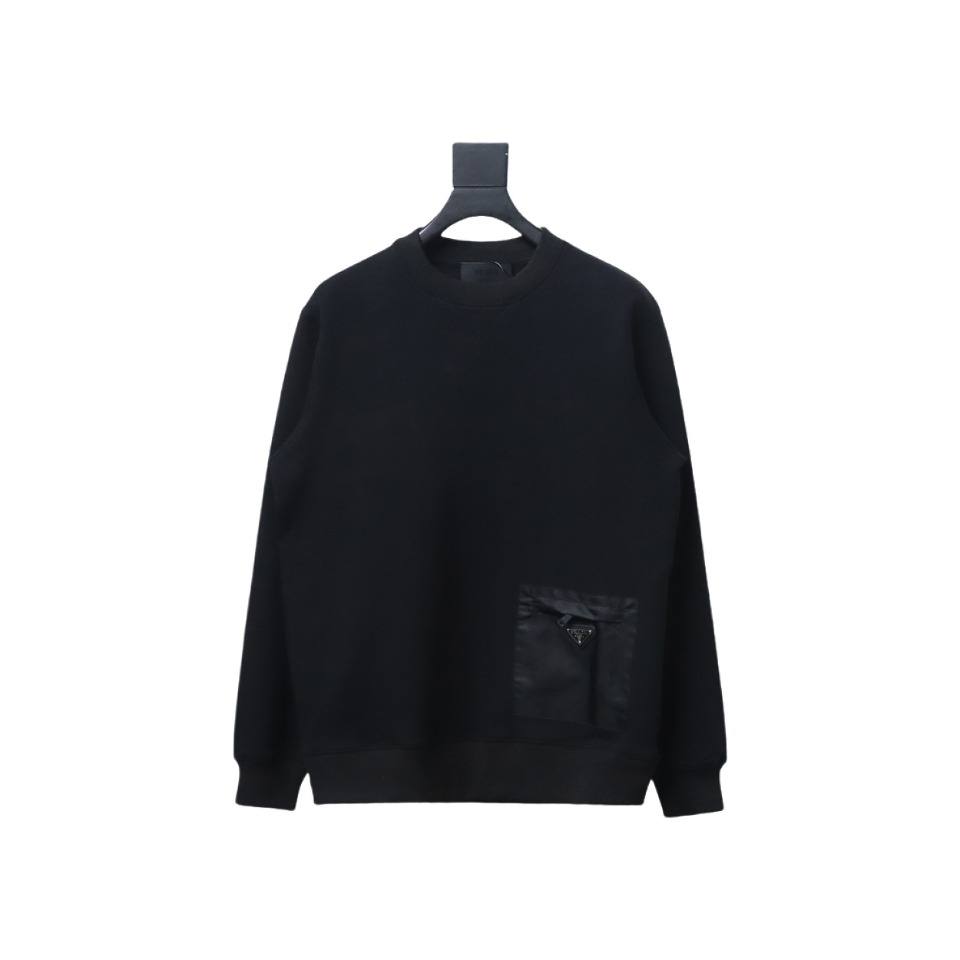 Prada Triangle Logo Pocket Crew Neck Hoodie Black