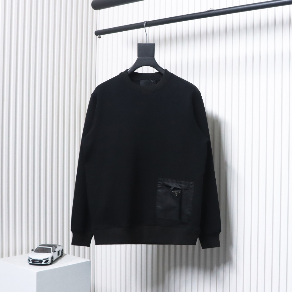 Prada Triangle Logo Pocket Crew Neck Hoodie Black