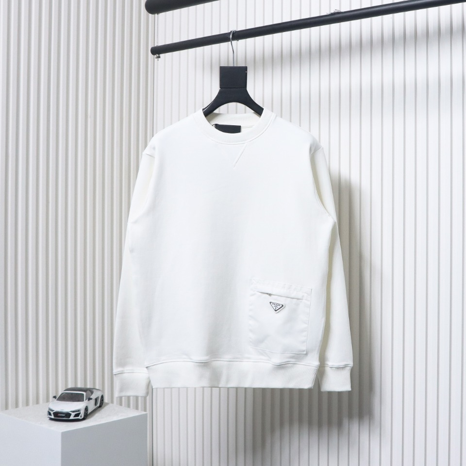Prada Triangle Logo Pocket Crew Neck Hoodie White