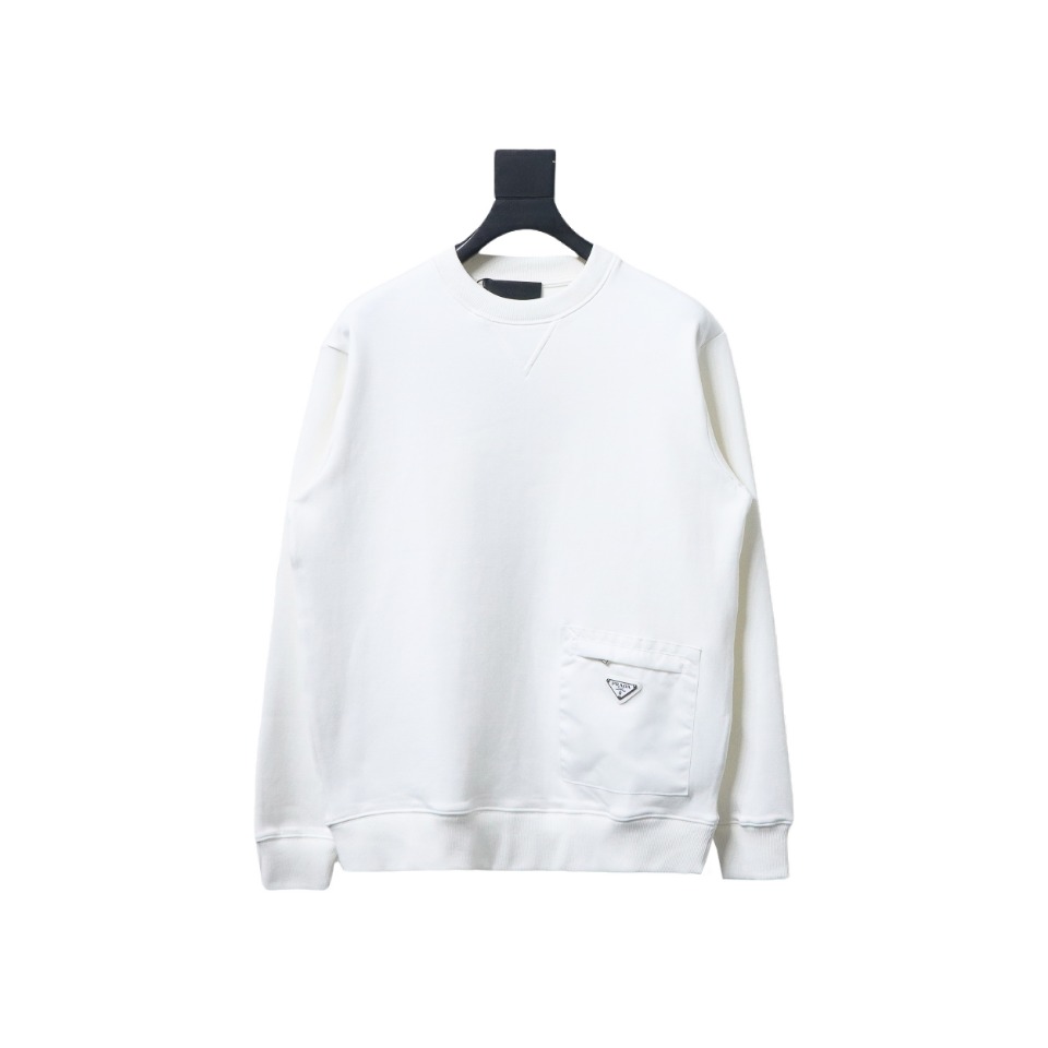 Prada Triangle Logo Pocket Crew Neck Hoodie White