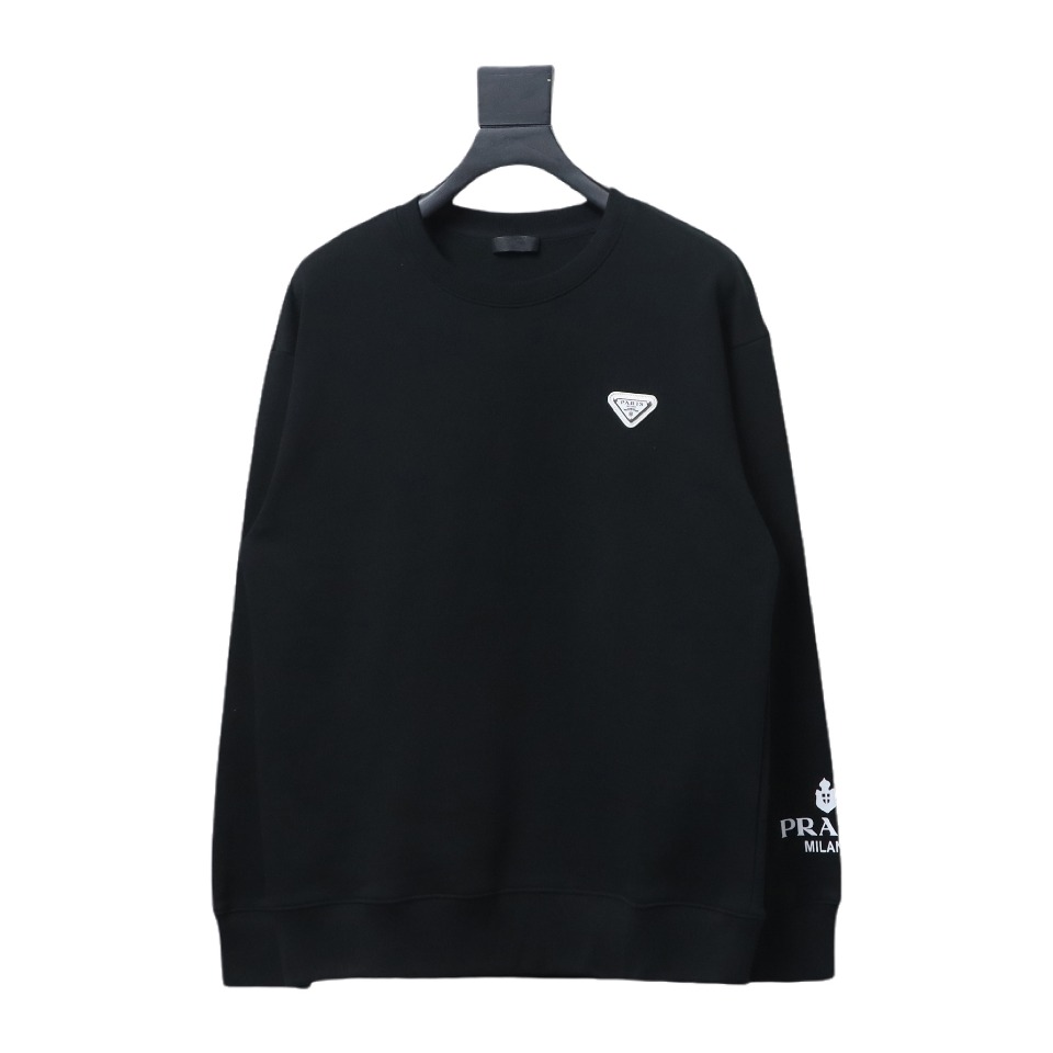 Prada Triangle Logo Single Sleeve Round Neck Hoodie Black