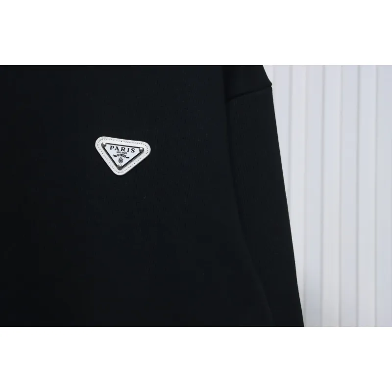 Prada Triangle Logo Single Sleeve Round Neck Hoodie Black
