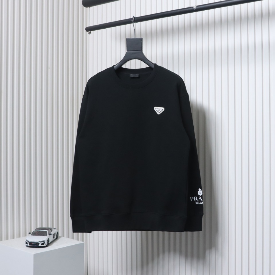 Prada Triangle Logo Single Sleeve Round Neck Hoodie Black