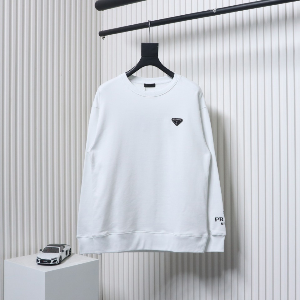 Prada Triangle Logo Single Sleeve Round Neck Hoodie White