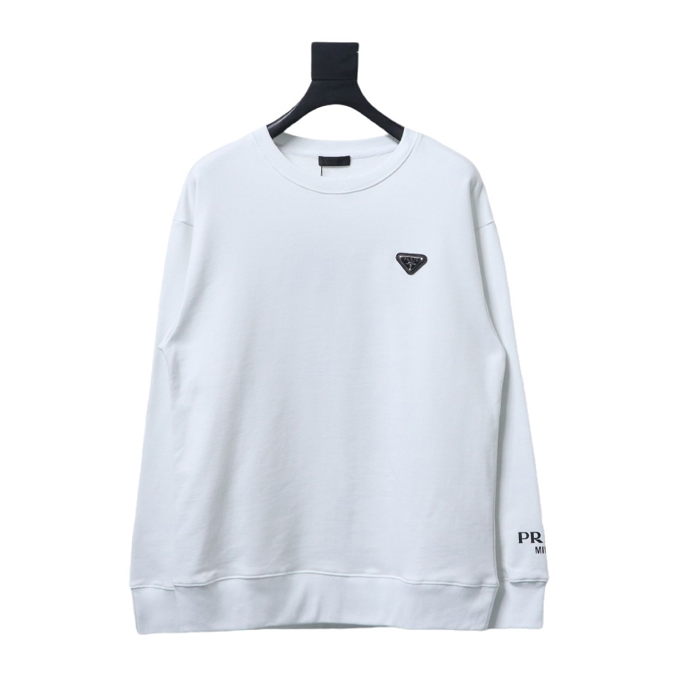 Prada Triangle Logo Single Sleeve Round Neck Hoodie White