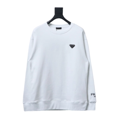 Prada Triangle Logo Single Sleeve Round Neck Hoodie White 01