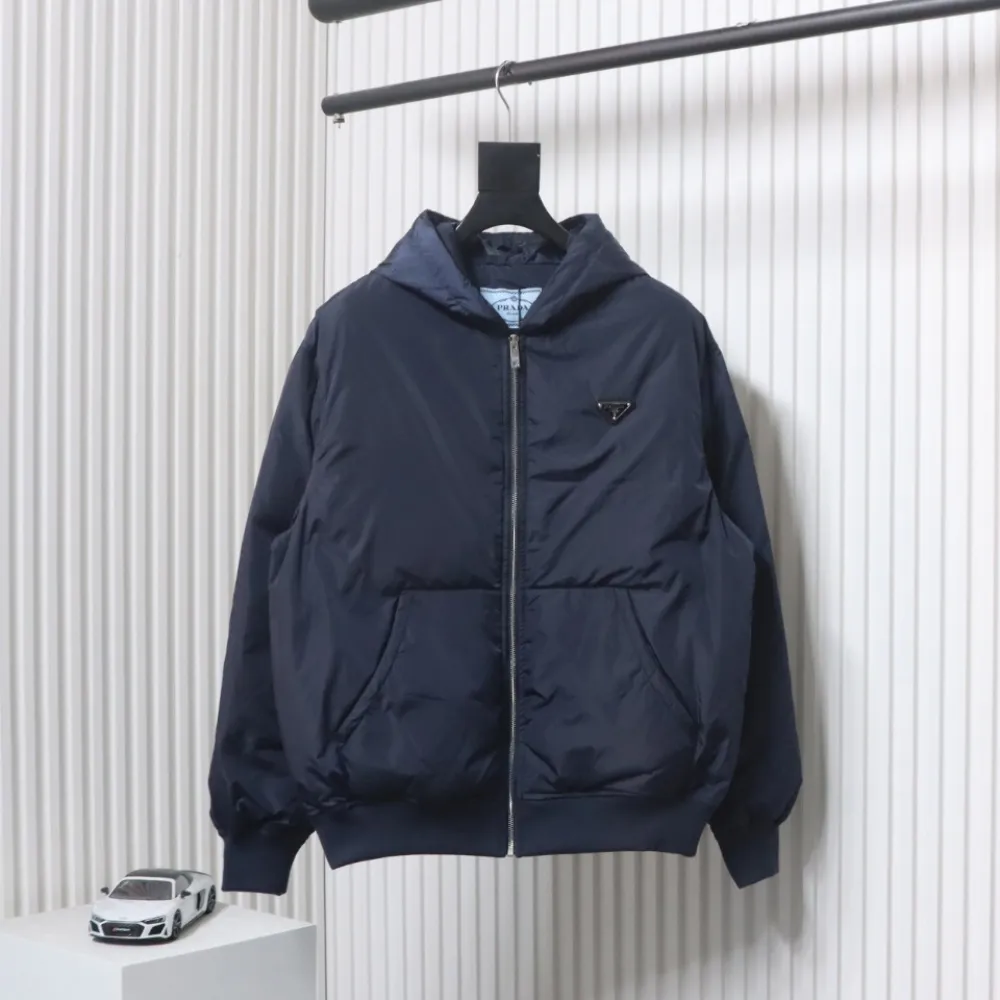 Prada Triangle Logo Solid Color Hooded Down Jacket