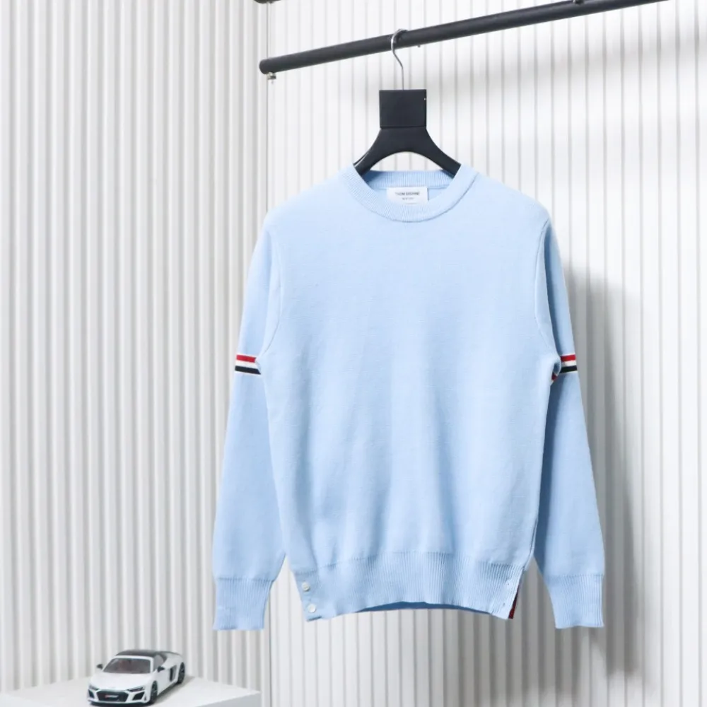 Thom Browne 21FW Double Sleeves Web Band Armband Crew Neck Sweater Blue