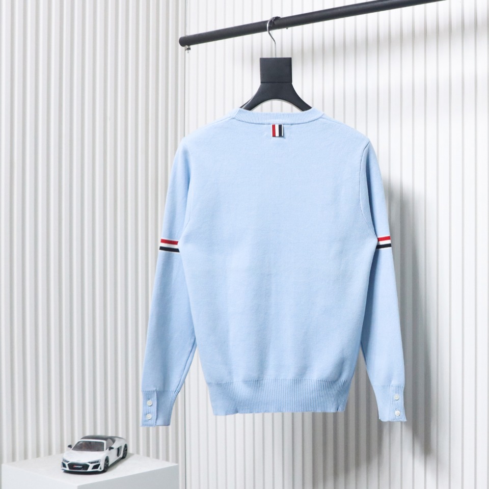 Thom Browne 21FW Double Sleeves Web Band Armband Crew Neck Sweater Blue