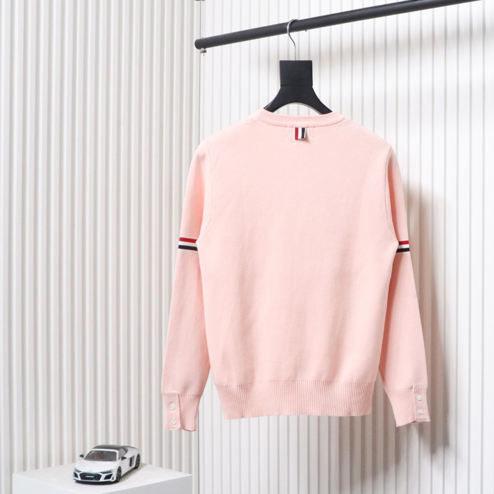 Thom Browne 21FW Double Sleeves Web Band Armband Crew Neck Sweater Pink