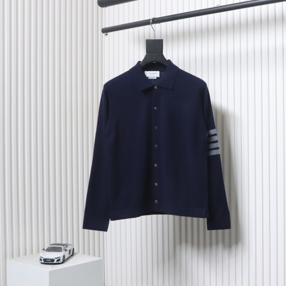 Thom Browne Four-Bar Australian Wool Lapel Cardigan Sweater Blue