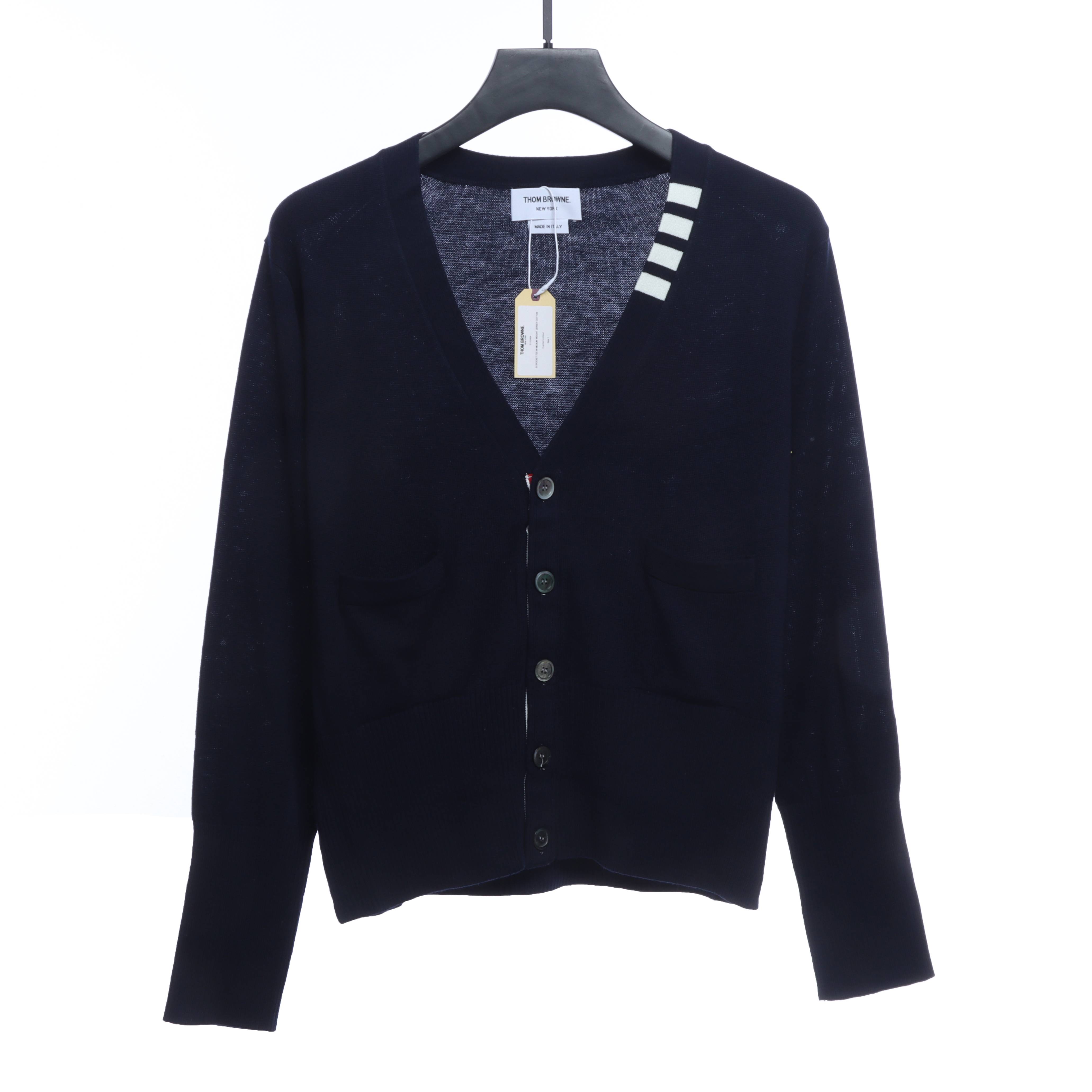 Thom Browne Four-Bar White Striped Cardigan