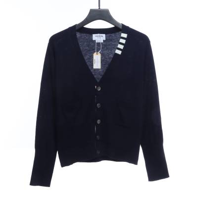 Thom Browne Four-Bar White Striped Cardigan 01