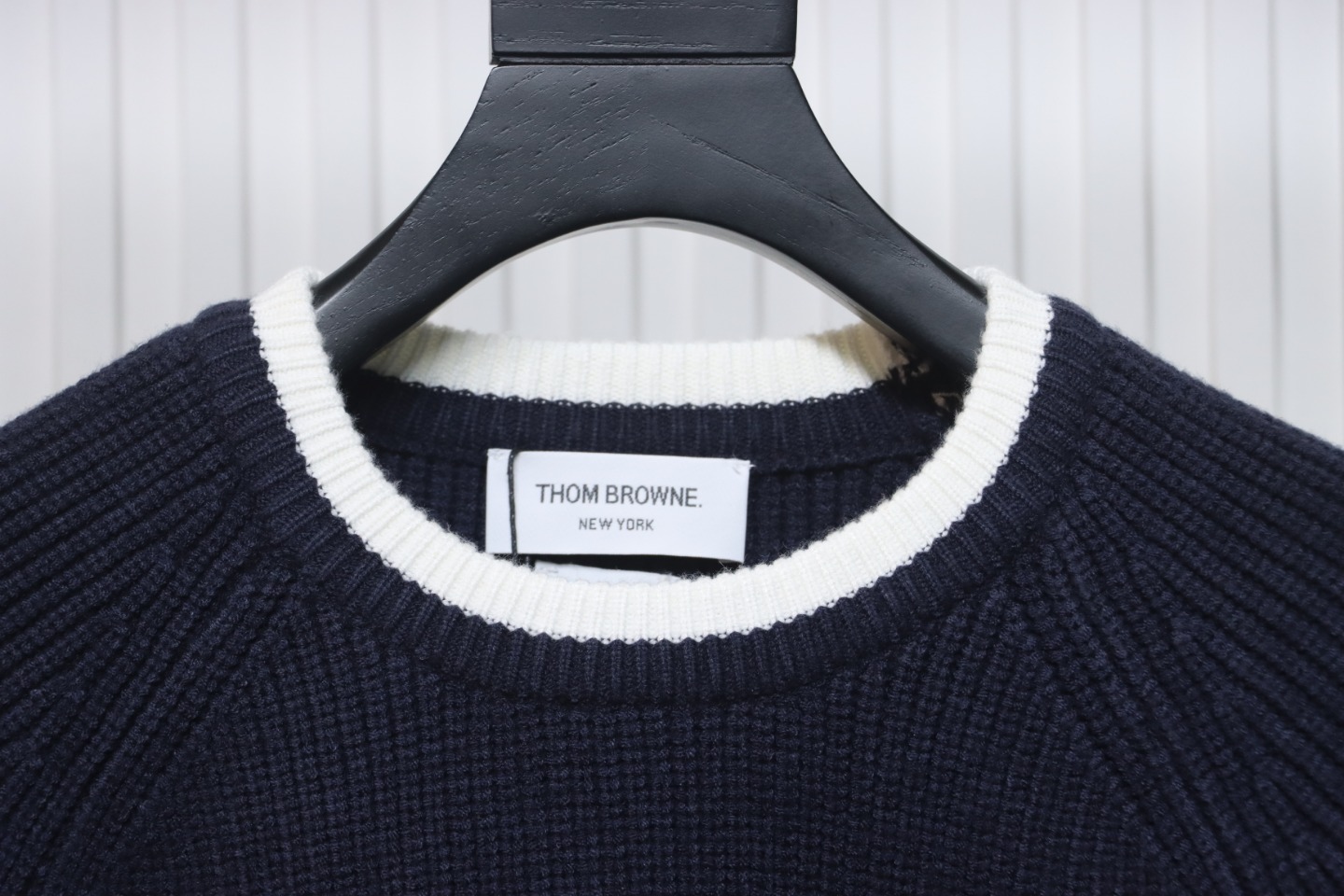Thom Browne New Season Four-Striped Color-Blocked Long-Sleeved Round Neck Sweater Blue