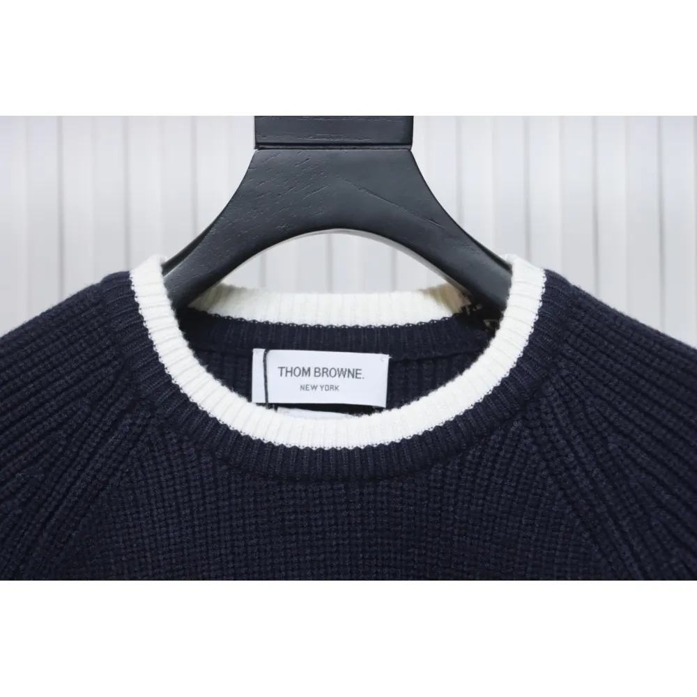 Thom Browne New Season Four-Striped Color-Blocked Long-Sleeved Round Neck Sweater Blue