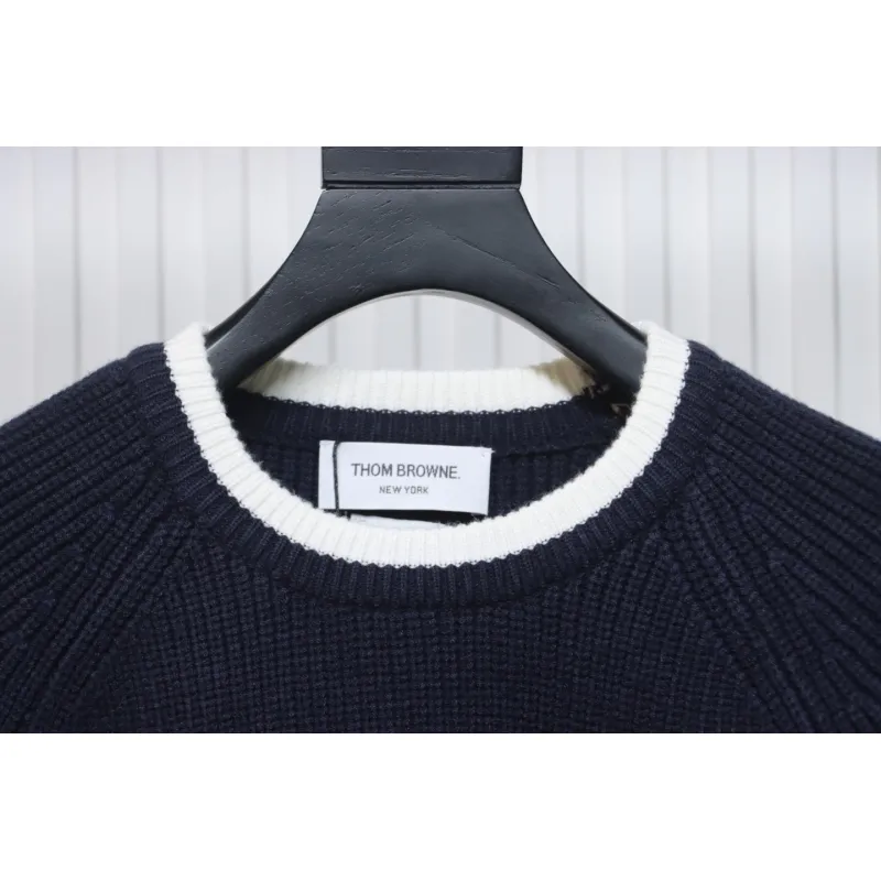 Thom Browne New Season Four-Striped Color-Blocked Long-Sleeved Round Neck Sweater Blue