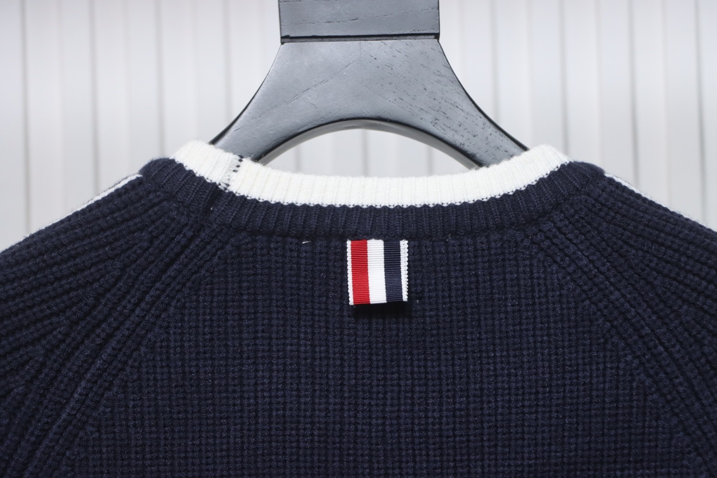 Thom Browne New Season Four-Striped Color-Blocked Long-Sleeved Round Neck Sweater Blue