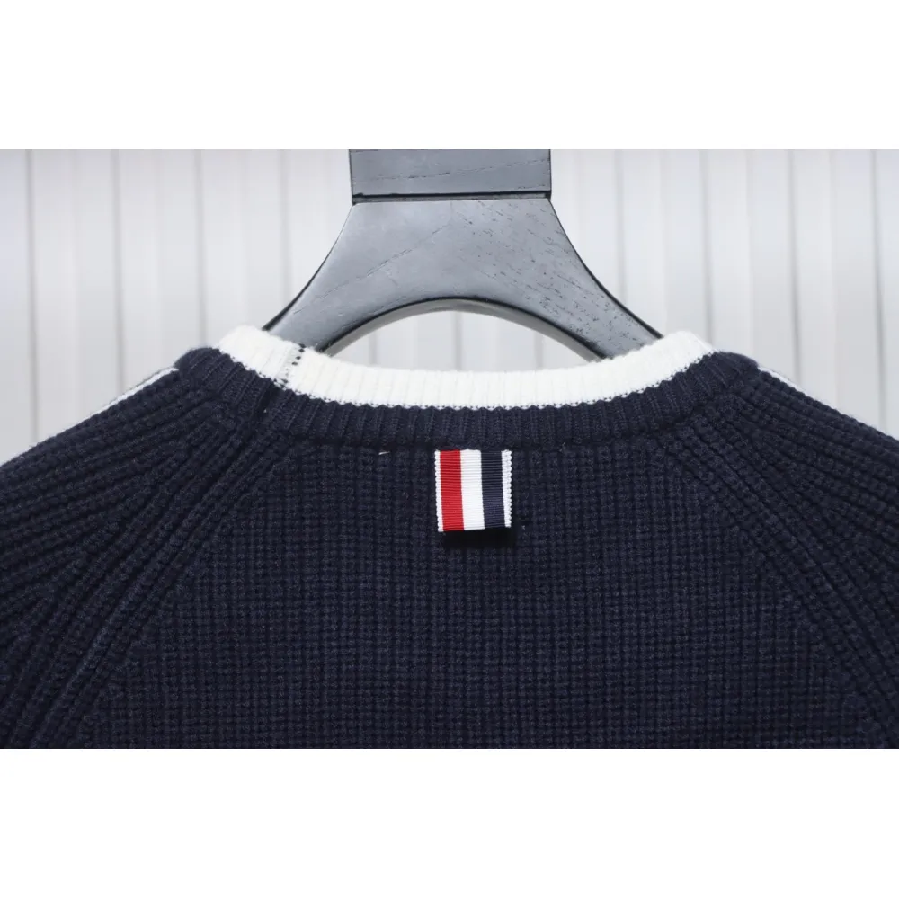 Thom Browne New Season Four-Striped Color-Blocked Long-Sleeved Round Neck Sweater Blue