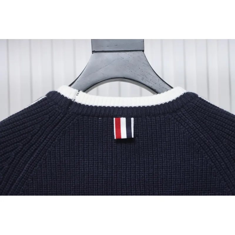 Thom Browne New Season Four-Striped Color-Blocked Long-Sleeved Round Neck Sweater Blue