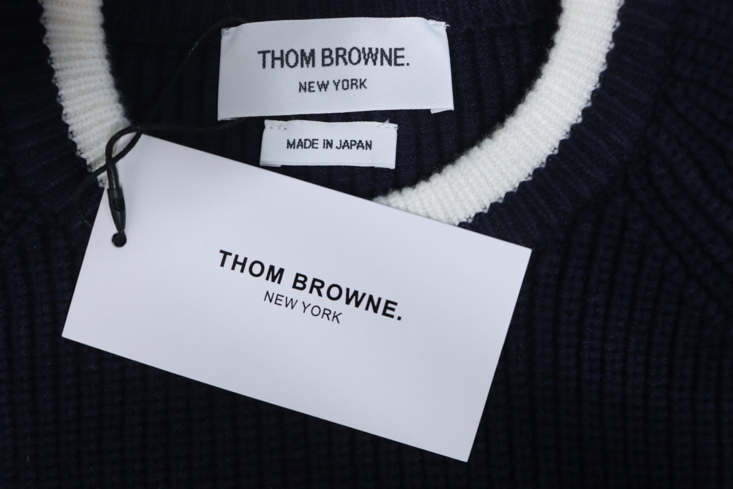 Thom Browne New Season Four-Striped Color-Blocked Long-Sleeved Round Neck Sweater Blue