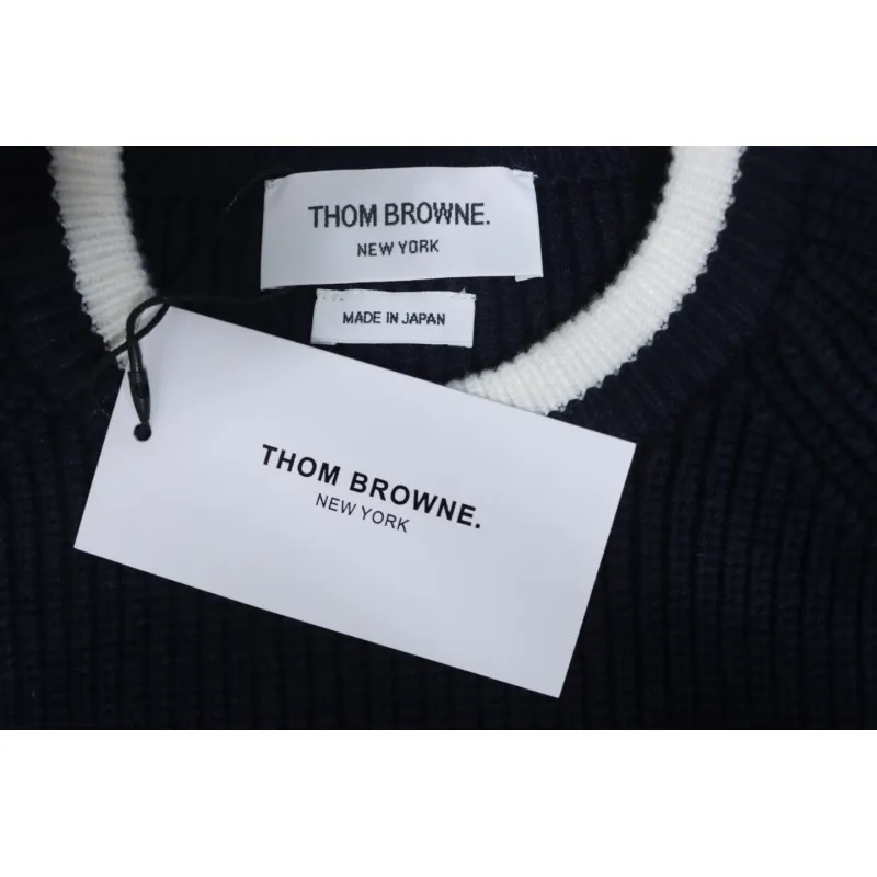 Thom Browne New Season Four-Striped Color-Blocked Long-Sleeved Round Neck Sweater Blue