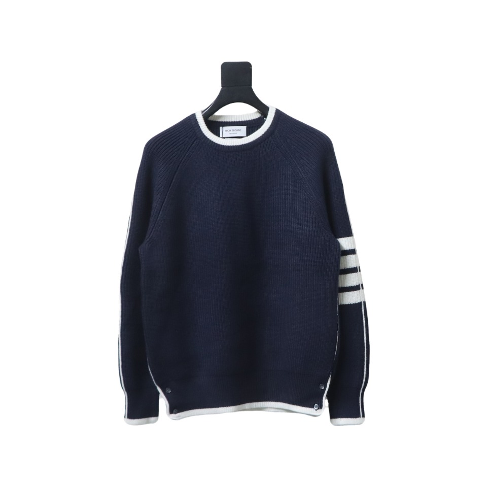 Thom Browne New Season Four-Striped Color-Blocked Long-Sleeved Round Neck Sweater Blue