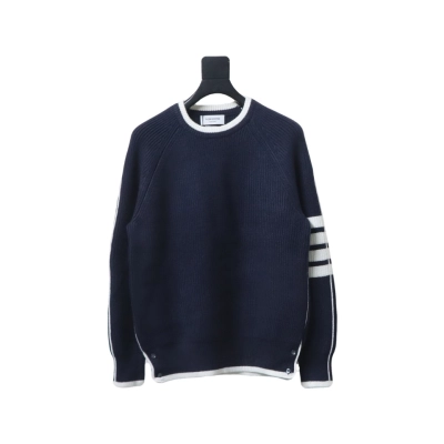 Thom Browne New Season Four-Striped Color-Blocked Long-Sleeved Round Neck Sweater Blue 01