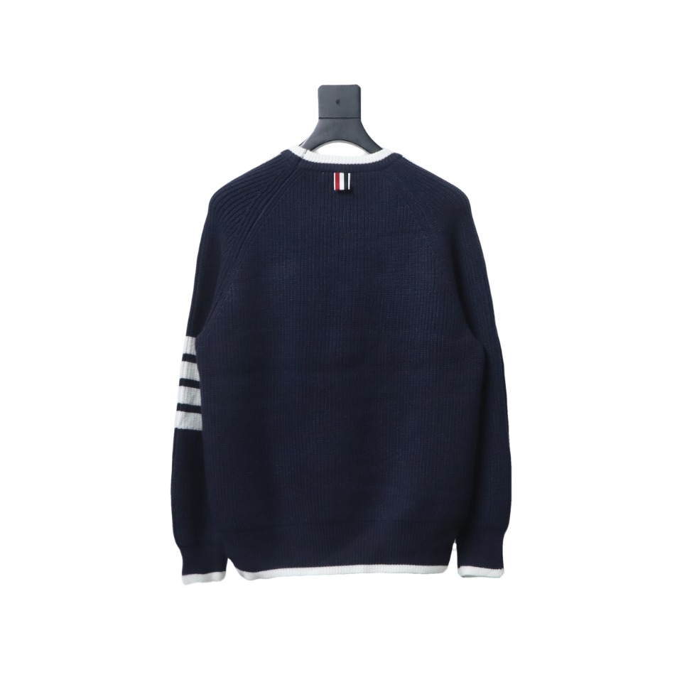 Thom Browne New Season Four-Striped Color-Blocked Long-Sleeved Round Neck Sweater Blue