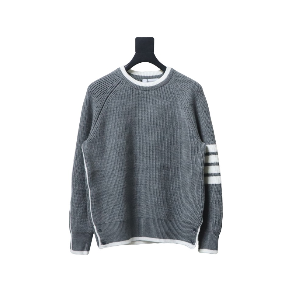 Thom Browne New Season Four-Striped Color-Blocked Long-Sleeved Round Neck Sweater Grey