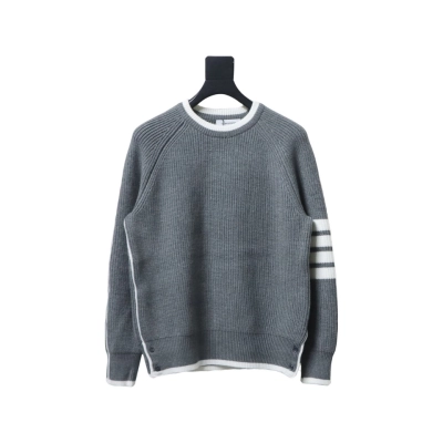 Thom Browne New Season Four-Striped Color-Blocked Long-Sleeved Round Neck Sweater Grey 01