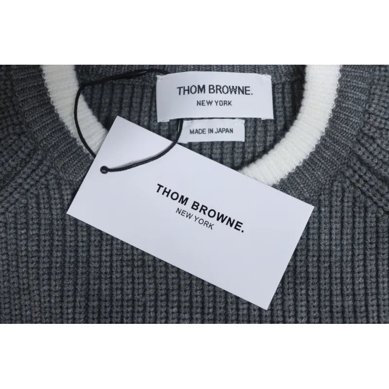 Thom Browne New Season Four-Striped Color-Blocked Long-Sleeved Round Neck Sweater Grey