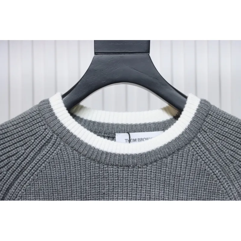 Thom Browne New Season Four-Striped Color-Blocked Long-Sleeved Round Neck Sweater Grey