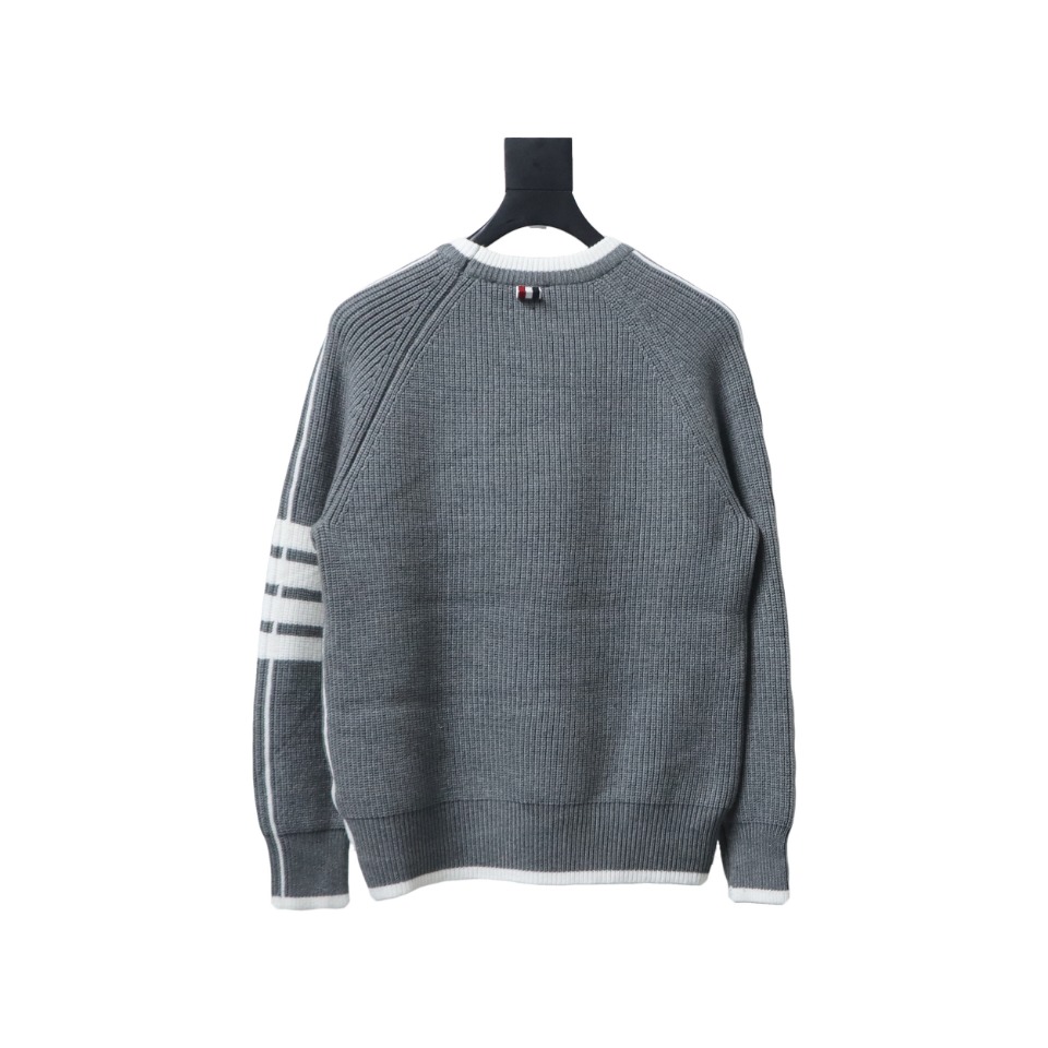 Thom Browne New Season Four-Striped Color-Blocked Long-Sleeved Round Neck Sweater Grey
