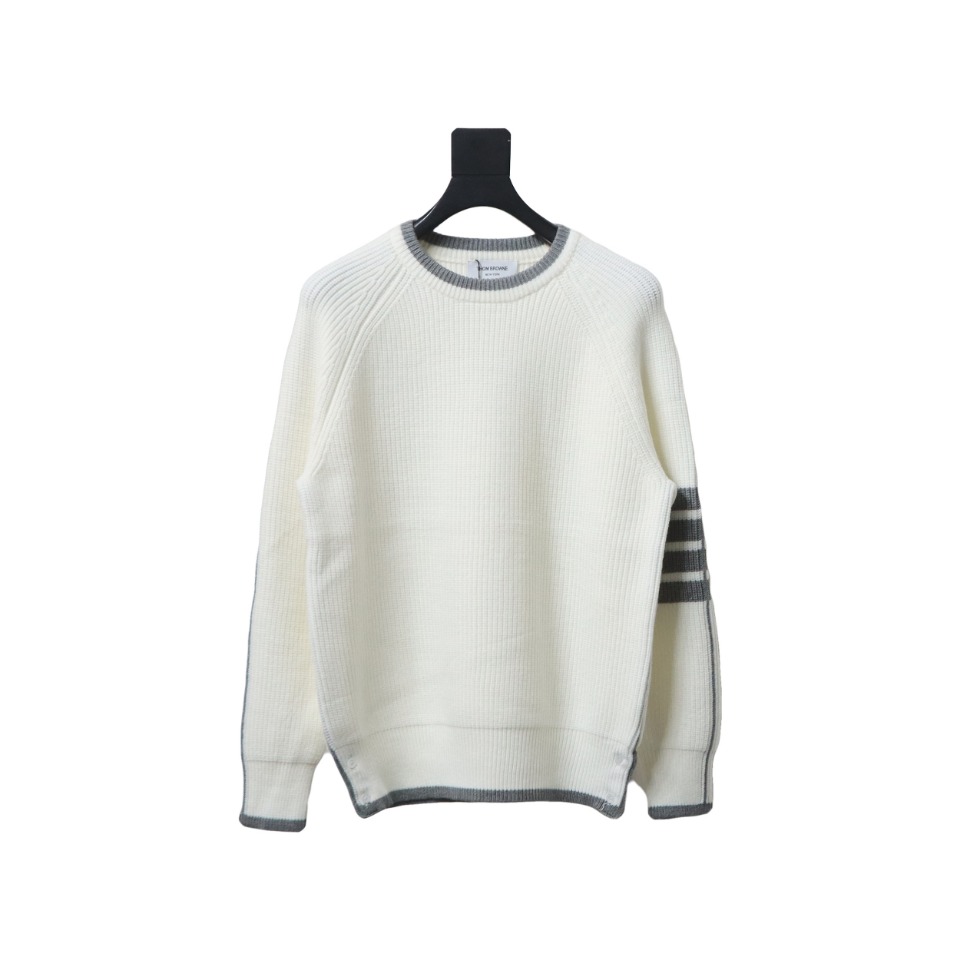Thom Browne New Season Four-Striped Color-Blocked Long-Sleeved Round Neck Sweater White