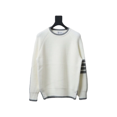 Thom Browne New Season Four-Striped Color-Blocked Long-Sleeved Round Neck Sweater White 01