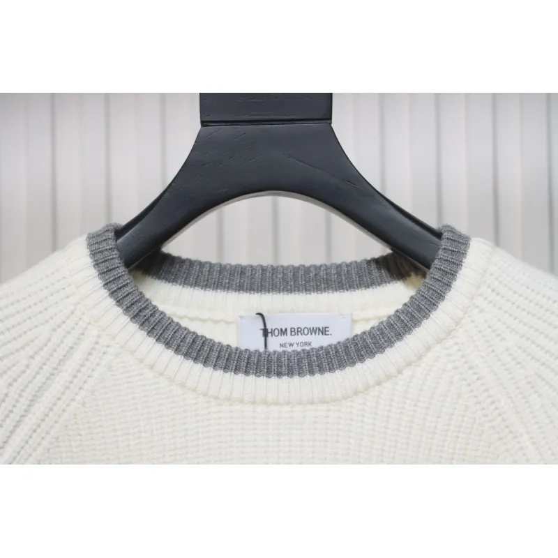 Thom Browne New Season Four-Striped Color-Blocked Long-Sleeved Round Neck Sweater White