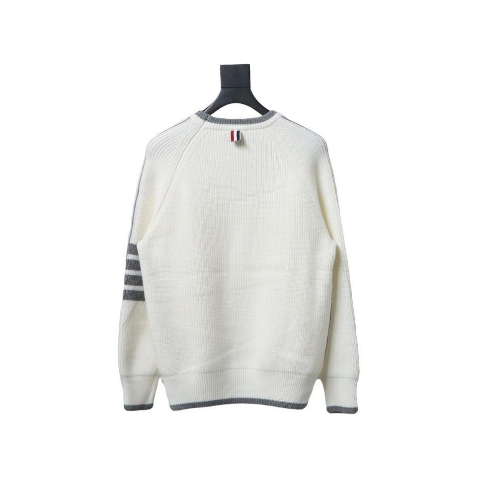Thom Browne New Season Four-Striped Color-Blocked Long-Sleeved Round Neck Sweater White