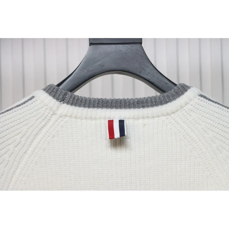 Thom Browne New Season Four-Striped Color-Blocked Long-Sleeved Round Neck Sweater White