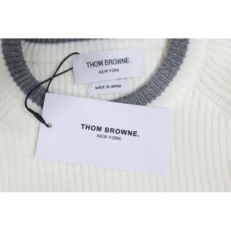 Thom Browne New Season Four-Striped Color-Blocked Long-Sleeved Round Neck Sweater White
