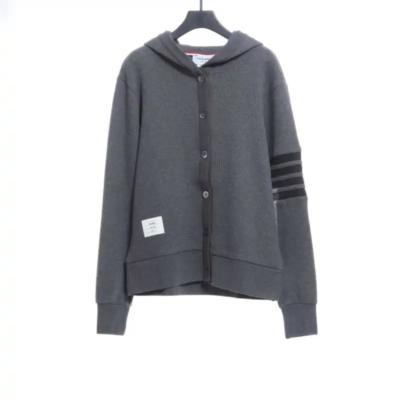 Thom Browne Waffle Hooded Cardigan Dark Grey