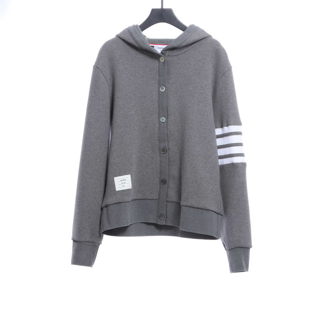 Thom Browne Waffle Hooded Cardigan Light Grey