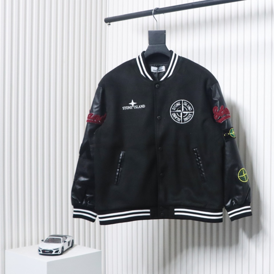 Stone Island PU Leather And Cotton Baseball Jacket