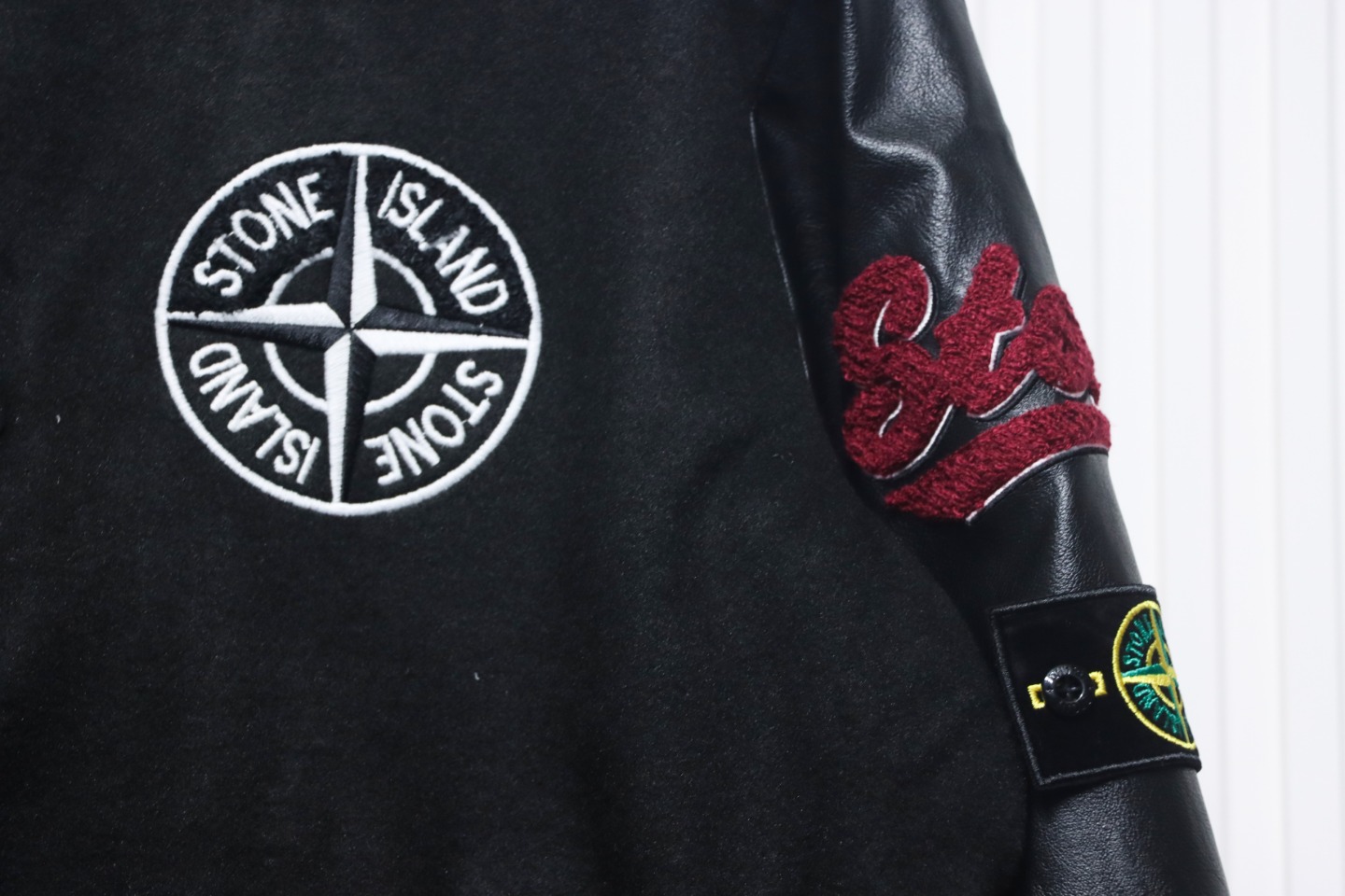Stone Island PU Leather And Cotton Baseball Jacket