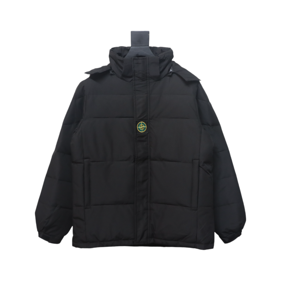 Stone Island Solid Color Zipper Hooded Reversible Down Jacket Black